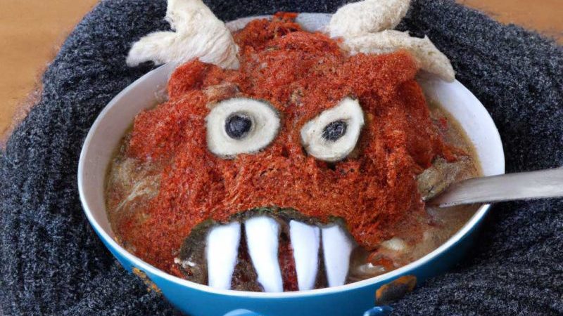 "Una sopa con cara de monstruo hecha de lana" generada por Dall-E 2