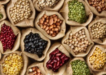 Legumes bean seed in sack, top view