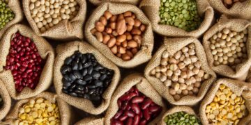 Legumes bean seed in sack, top view