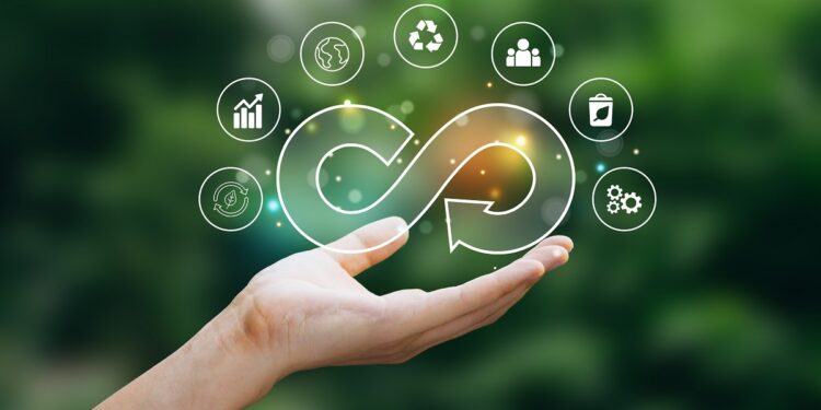 Hand of human holding circular economy icon.