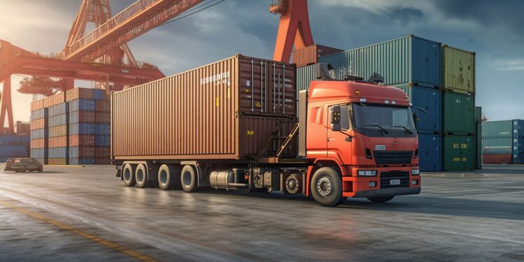 Container truck in ship port , Ai Generated Image
