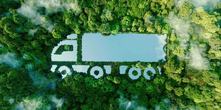 A truck-shaped lake in the midst of pristine nature, illustrating the concept of clean, greenhouse-free transport in the form of electric, hybrid or hydrogen propulsion. 3d rendering.