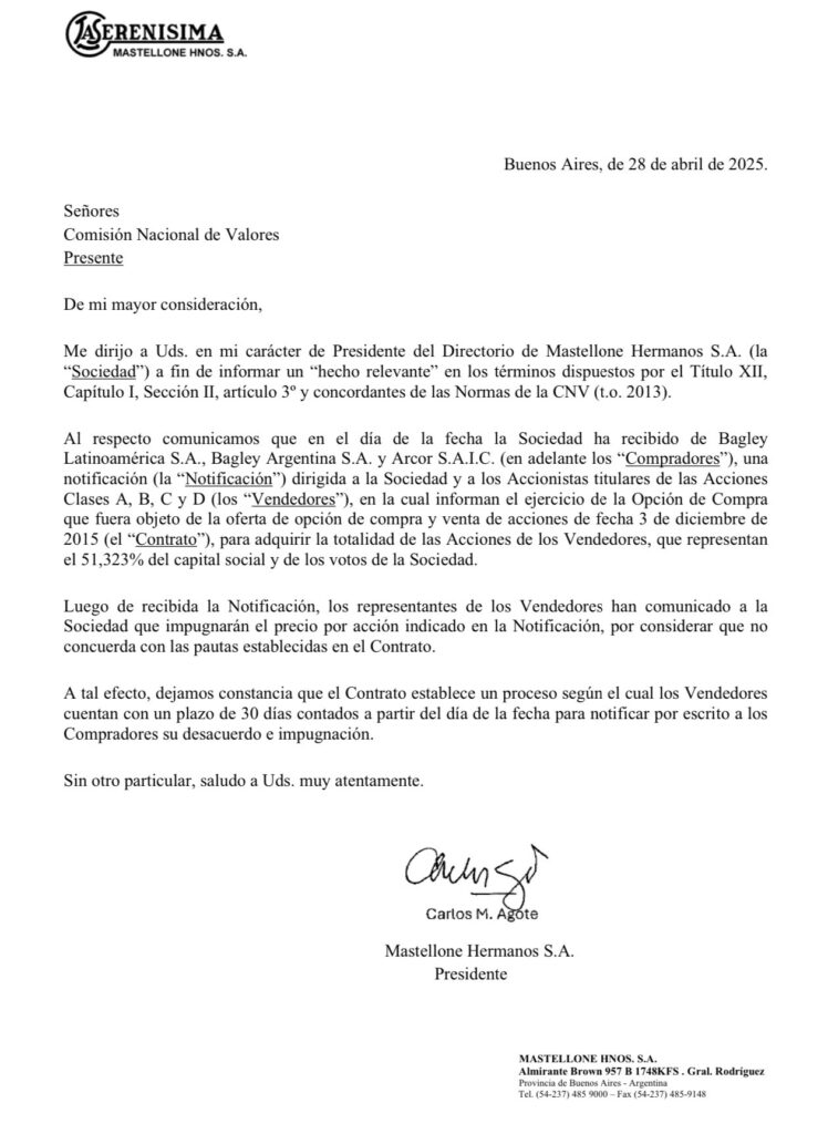 Comunicado oficial de Mastellone Hnos. S.A., fechado el 28 de abril de 2025, donde informa la recepción de la notificación de Arcor y Bagley sobre el ejercicio de la opción de compra de acciones, y confirma la impugnación del precio por parte de los accionistas vendedores.
