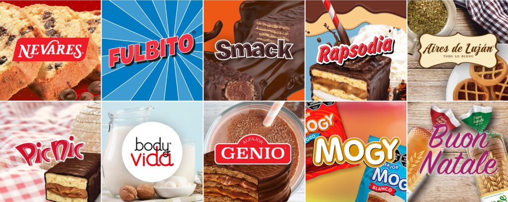 Todas las marcas de CADASA: Nevares, Fulbito, Smack, Rapsodia, Aires de Lujan, Picnic, Body Vida, Alfajor Genio, Mogy, Buon Natale y Nevarez Navidad.