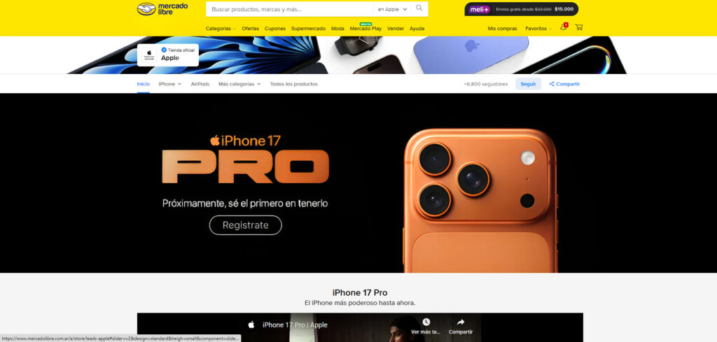 Apple desembarca en Mercado Libre con tienda oficial y lista de espera para el iPhone 17 Pro