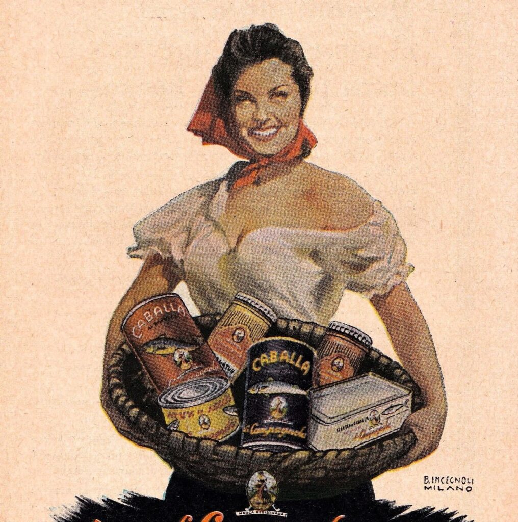 ¿Qué significa la marca La Campagnola? Ilustración original de La Campagnola con una campesina italiana sosteniendo conservas de caballa, imagen histórica de la marca fundada por los hermanos Benvenuto.