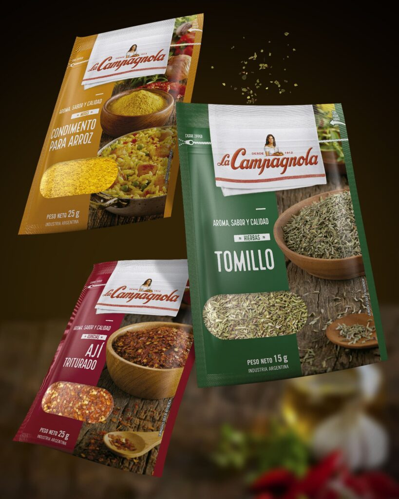 Envases de hierbas y especias de La Campagnola, como tomillo, ají triturado y condimento para arroz, incorporaciones recientes al portafolio de la marca.