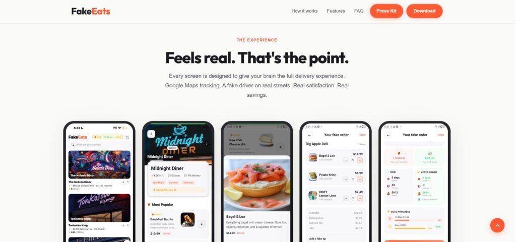 App FakeEats, una de las plataformas de compras falsas o dopamine shoppings, que promete reproducir la experiencia completa de un pedido a domicilio sin cargo bancario ni entrega real.